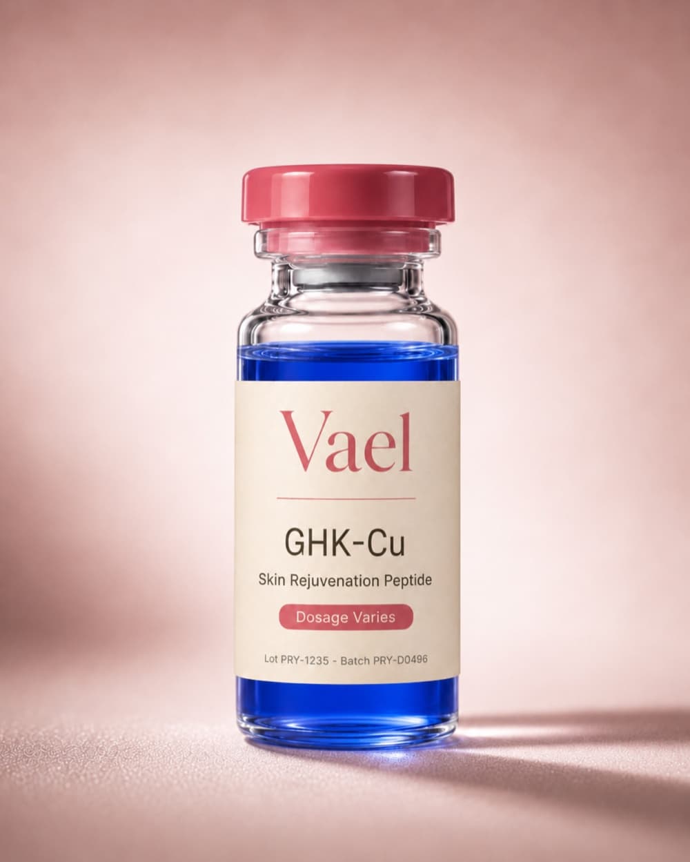 Vael GHK-Cu copper peptide vial in soft pink light
