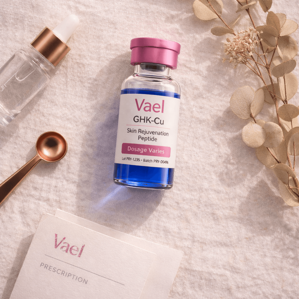 Vael GHK-Cu vial with prescription card and dried botanicals